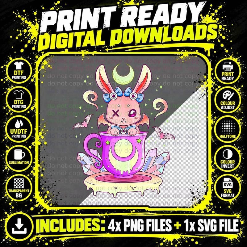 Creepy Bunny in Teacup Kawaii Pastel Goth Anime Png SVG Digital Bundle