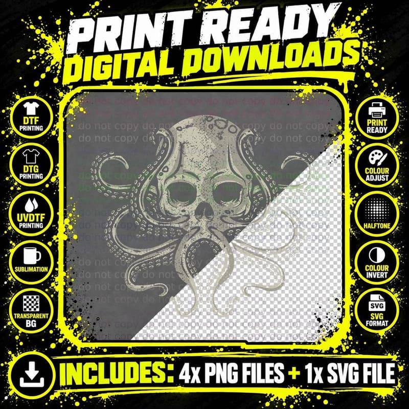 Creepy Octopus Skull Sea Monster Kraken Scuba Diver Goth Png SVG Digital Bundle