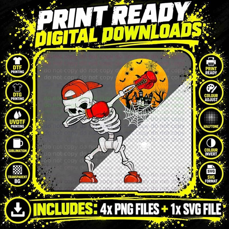 Dabbing Skeleton Playing Boxing Halloween Player Coach Png SVG Digital Bundle