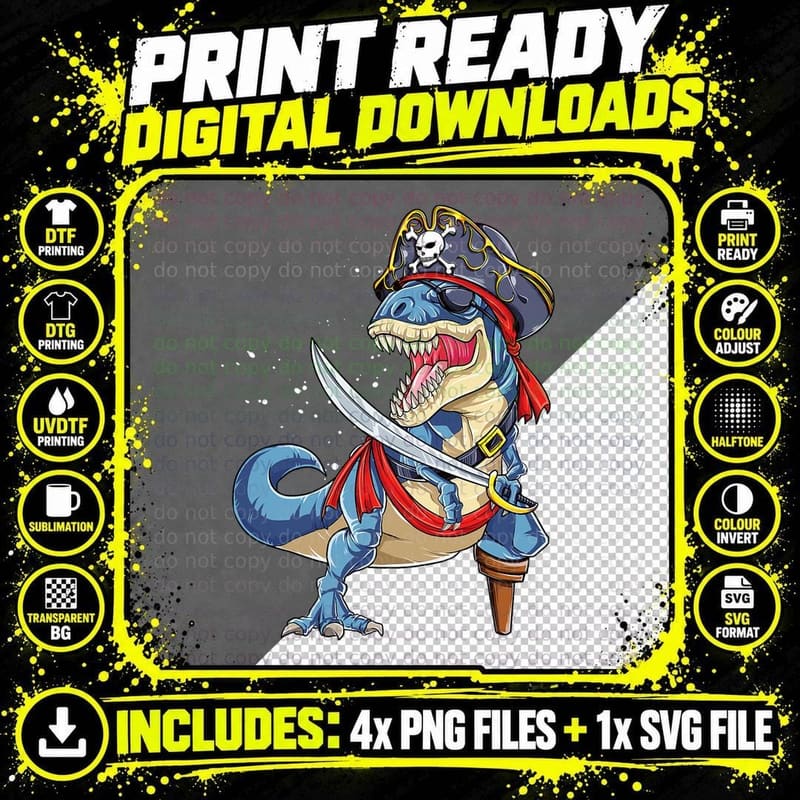 Dinosaur T Rex Pirate T Shirt Jolly Roger Halloween Png SVG Digital Bundle