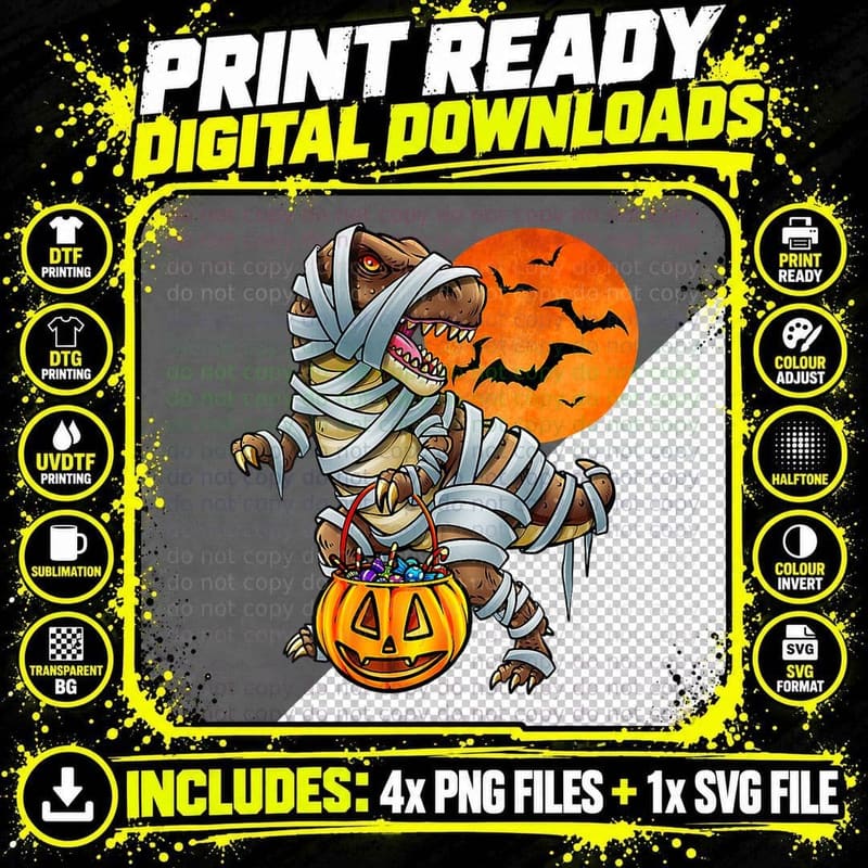 Funny Dinosaur Mummy Pumpkin Halloween Kids Boys Png SVG Digital Bundle
