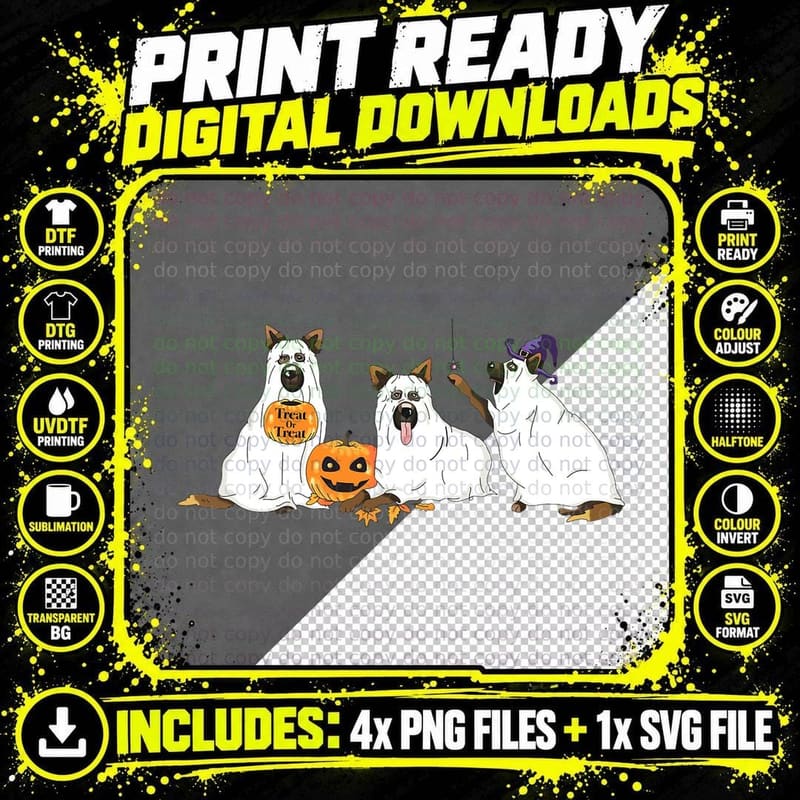 Funny German Shepherd Dogs Dressed as Ghosts Halloween Png SVG Digital Bundle