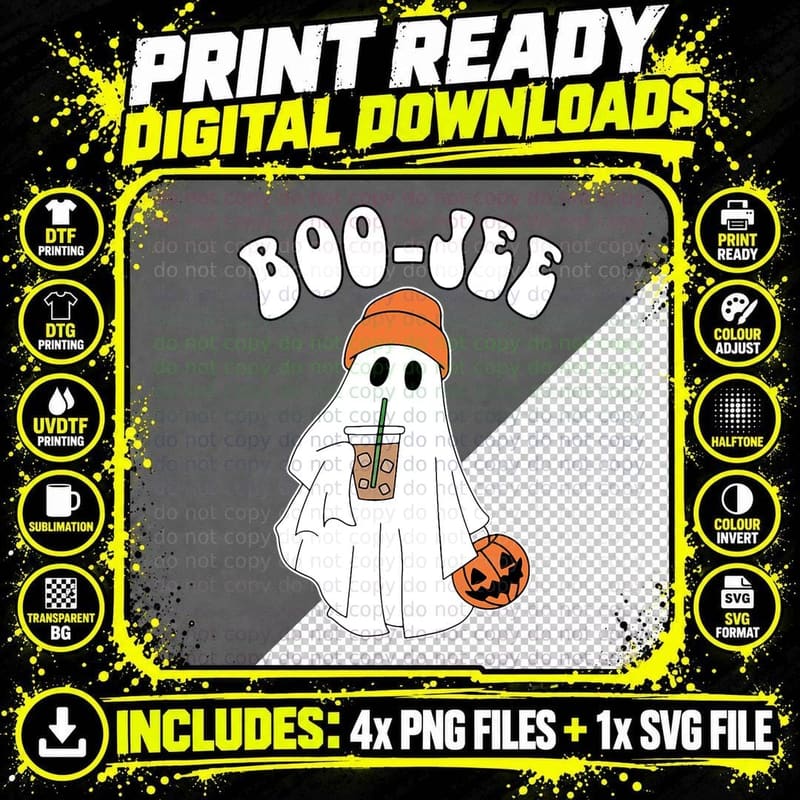 Funny Halloween Boo Jee Ghost Drinking Coffee T-Shirt Png SVG Digital Bundle