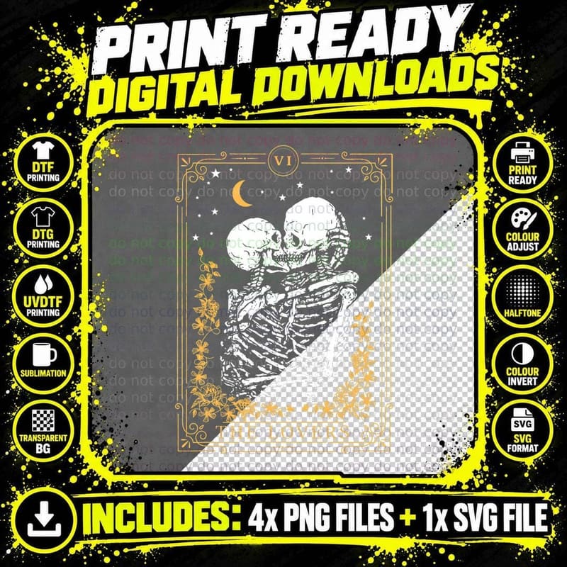 Funny Skeleton Couple The Lovers Tarot Valentines Day Png SVG Digital Bundle