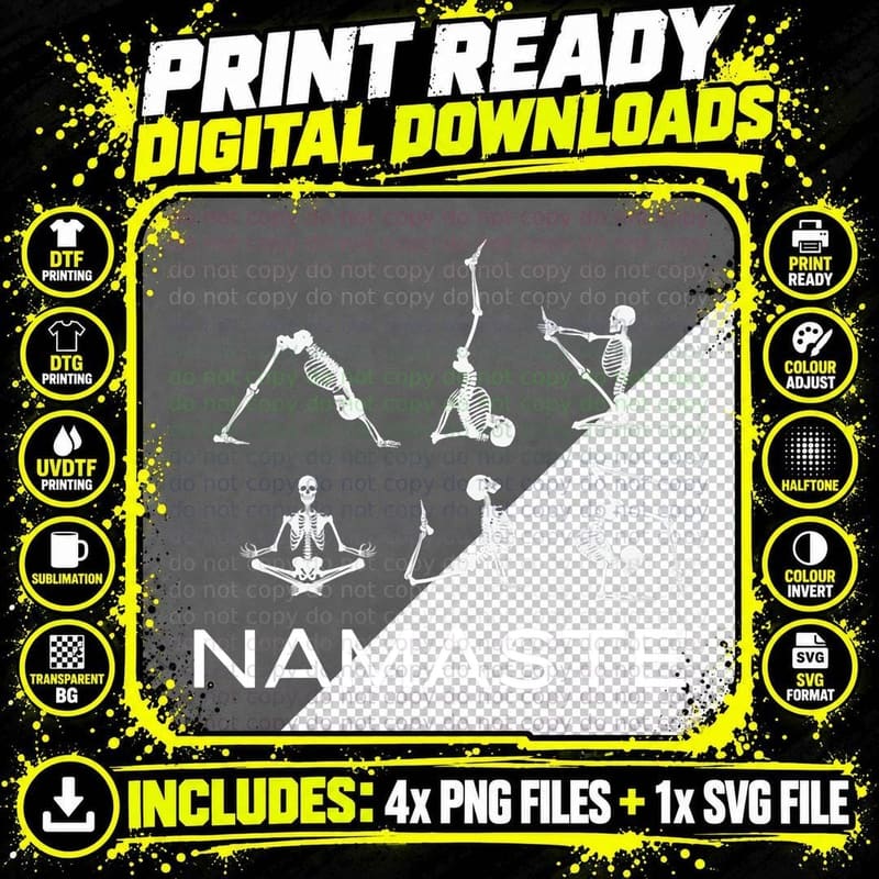 Funny Skeleton Namaste Yoga Poses for Halloween Yoga Png SVG Digital Bundle