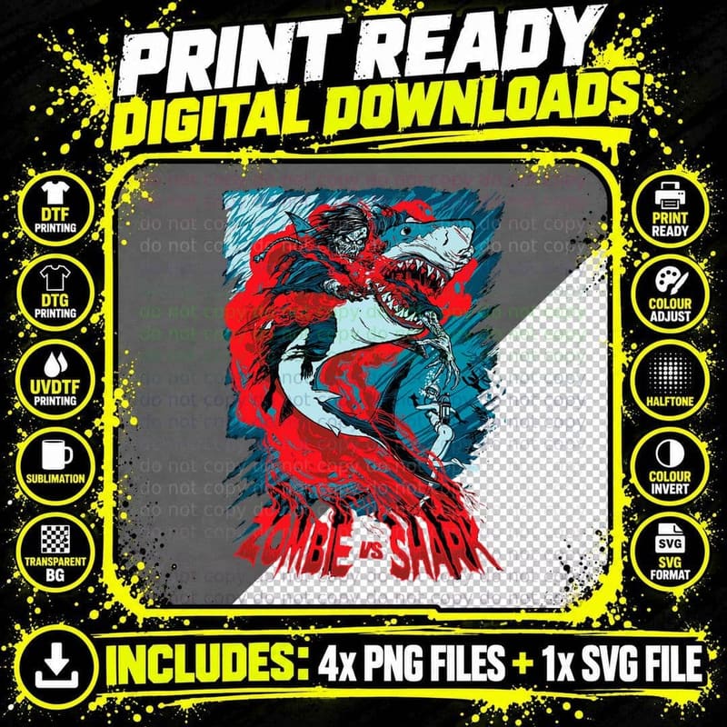 Funny Zombie vs. Shark Nerd Geek Vintage Graphic T-Shirt Png SVG Digital Bundle