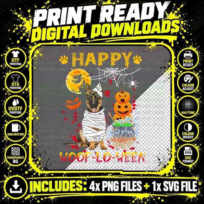 German Shepherd Mummy Happy Woof-Lo-Ween Halloween Png SVG Digital Bundle