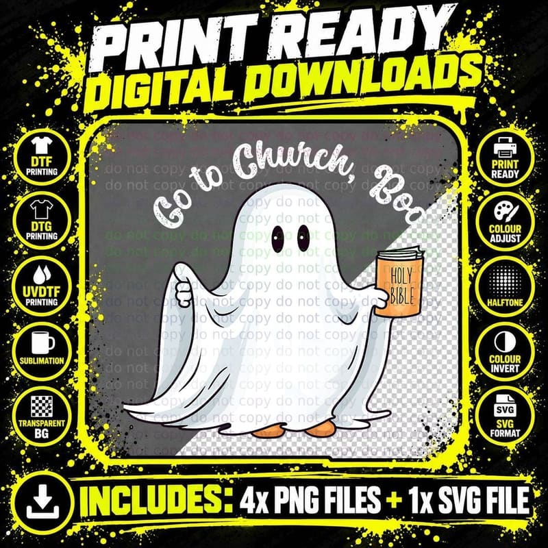 Go to Church Boo Funny Ghost Halloween Christian Fall Png SVG Digital Bundle