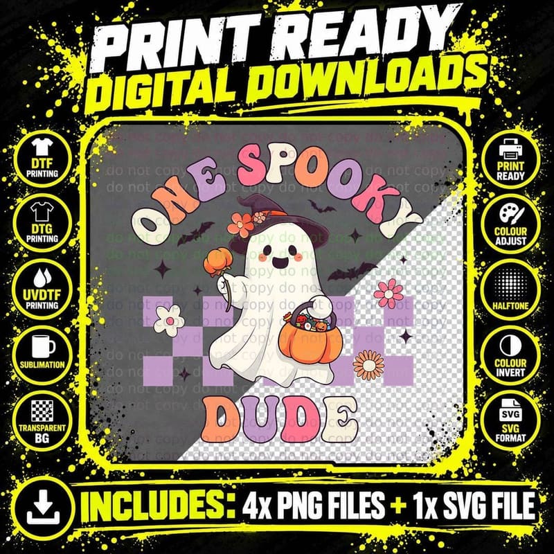 Groovy Halloween One Spooky Dude Matching Family Ghost Png SVG Digital Bundle