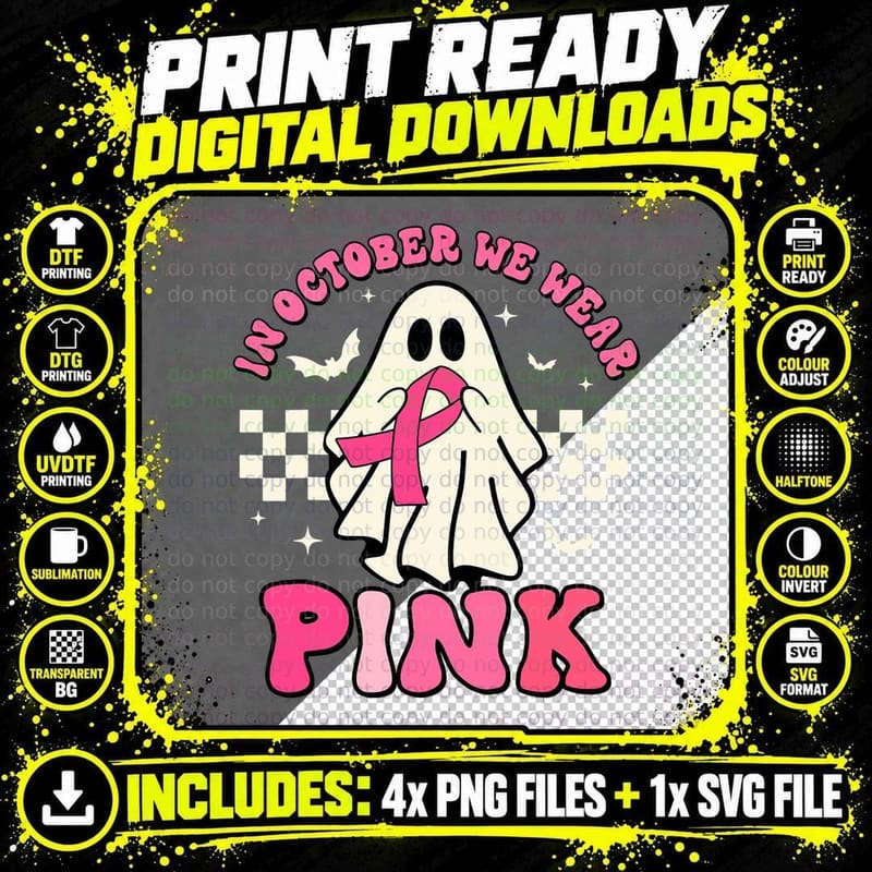 Groovy We Wear Pink Breast Cancer Awareness Ghost Png SVG Digital Bundle