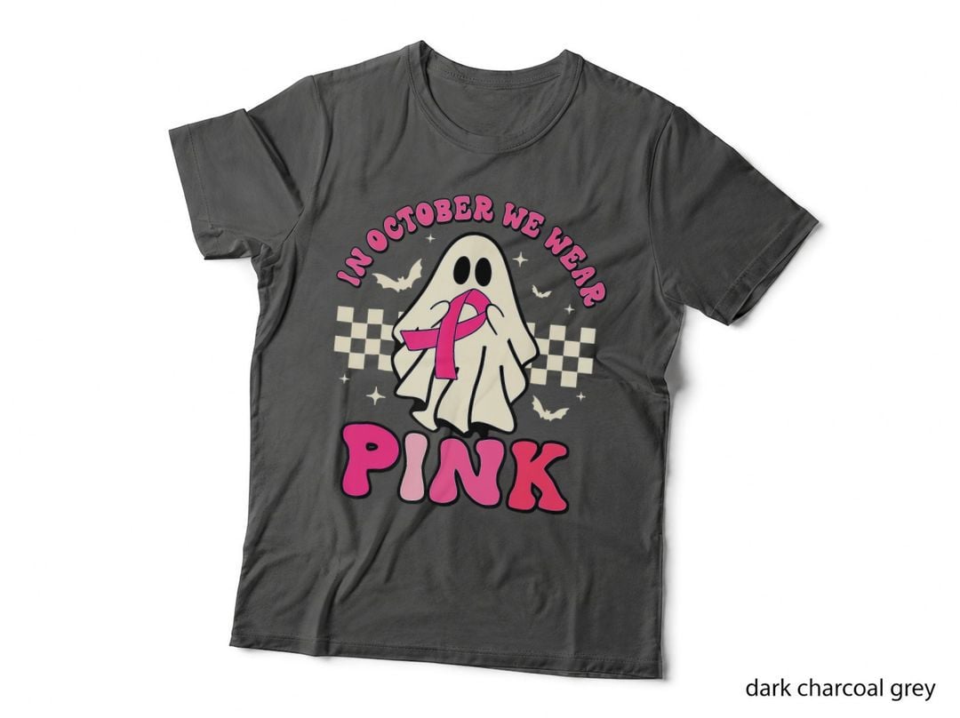 Groovy We Wear Pink Breast Cancer Awareness Ghost Halloween T-Shirt