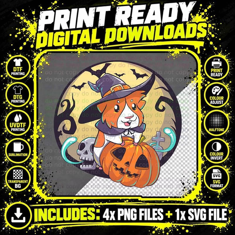 Guinea Pig Halloween Gifts, Guinea Pig Witch on Pumpkin Png SVG Digital Bundle
