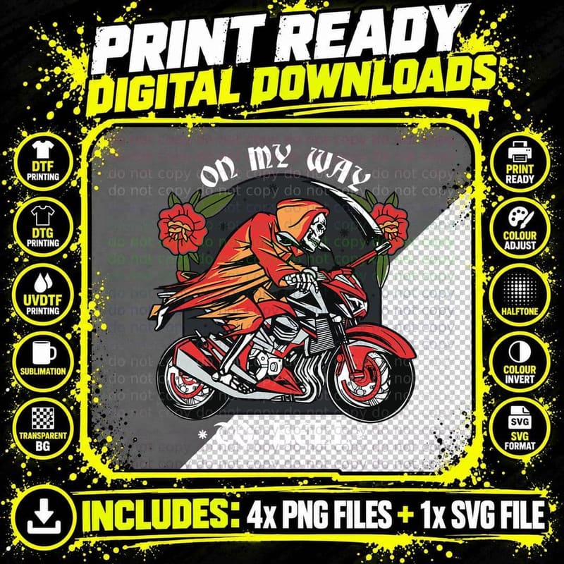 Halloween Biker Skeleton on My Way to Hell Vintage Png SVG Digital Bundle