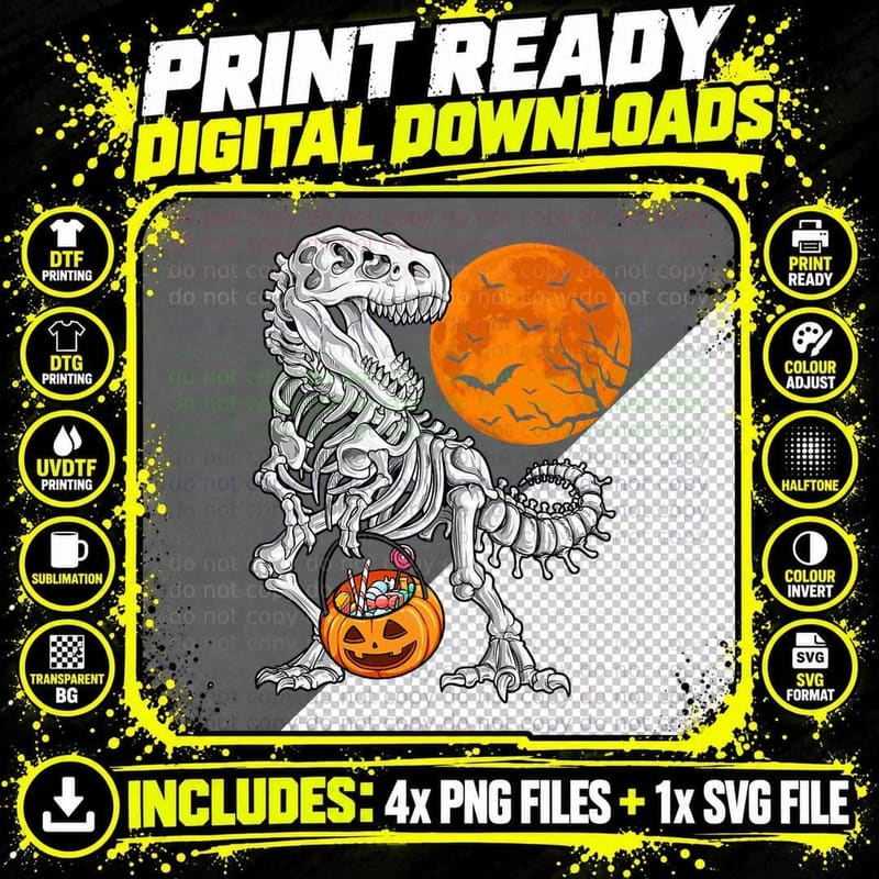 Halloween Boys Dinosaur Skeleton T Rex Scary Pumpkin Png SVG Digital Bundle