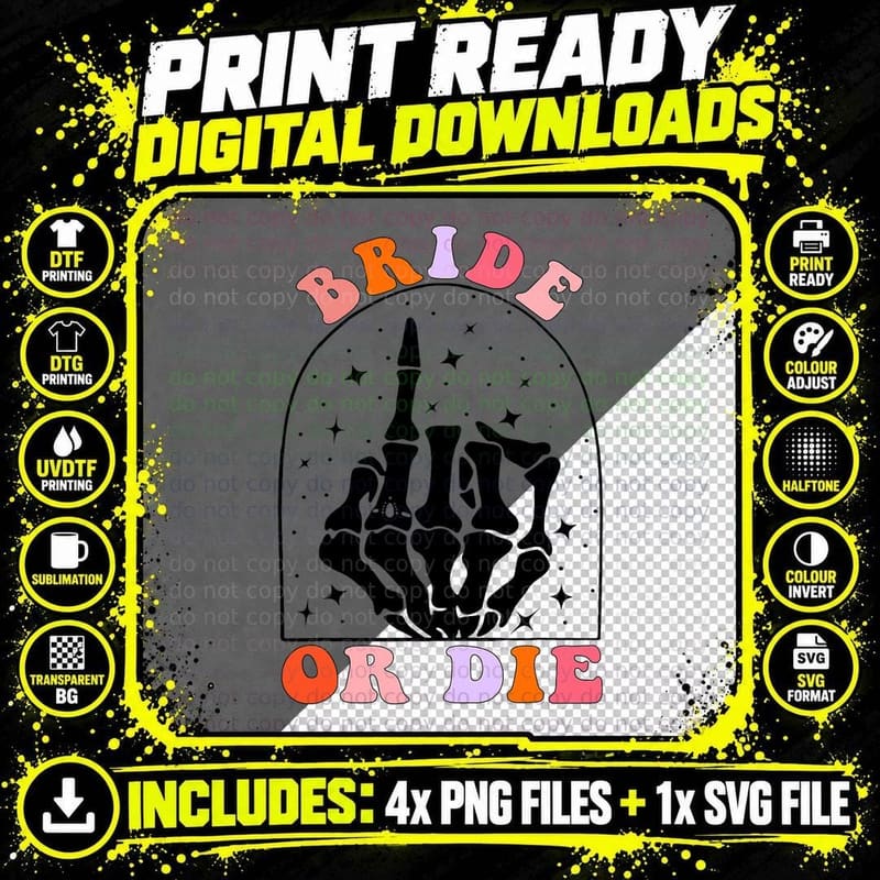Halloween Bride or Die Retro Bachelorette Matching Png SVG Digital Bundle