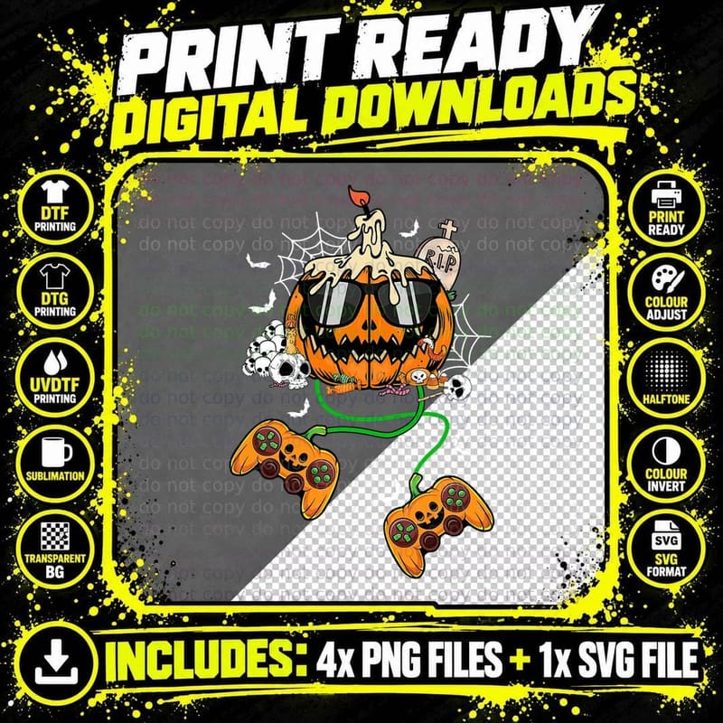 Halloween Gamer Pumpkin Jack O Lantern Video Gamer Kids Png SVG Digital Bundle
