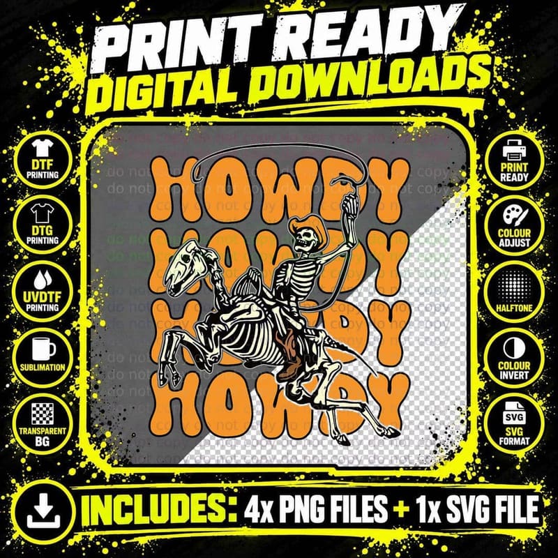Halloween Howdy Skeleton with Horse Cowboy Hat Lasso Png SVG Digital Bundle
