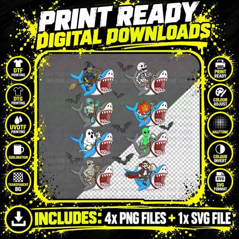 Halloween Skeleton Zombie Riding Shark Mummy Vampire Png SVG Digital Bundle