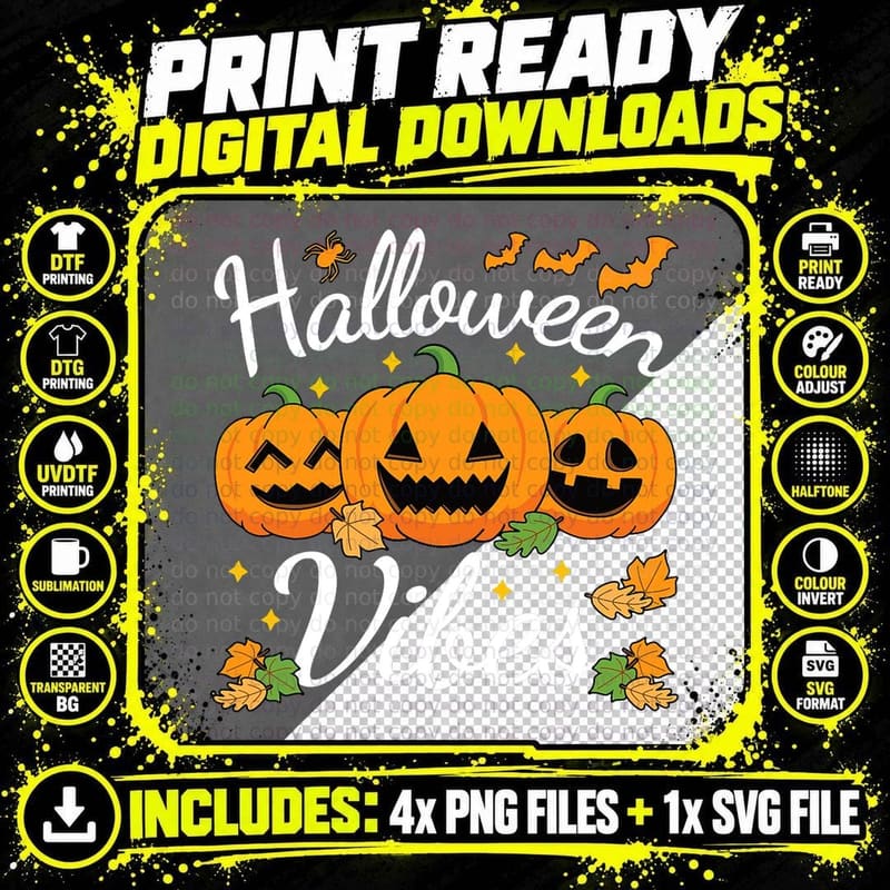 Halloween Vibes Funny Pumpkin Smile T-Shirt Png SVG Digital Bundle