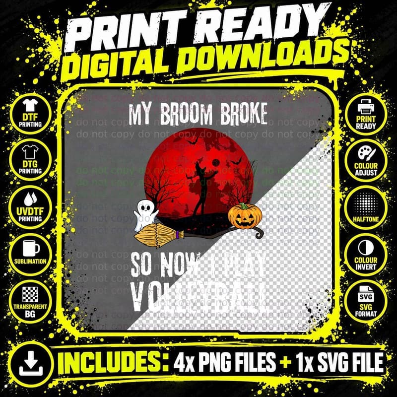 Halloween Witch Playing Volleyball Game Sport Broomstick Png SVG Digital Bundle