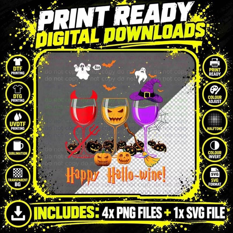 Happy Hallo-Wine Drinking Scary Ghost Boo Pumpkin Png SVG Digital Bundle
