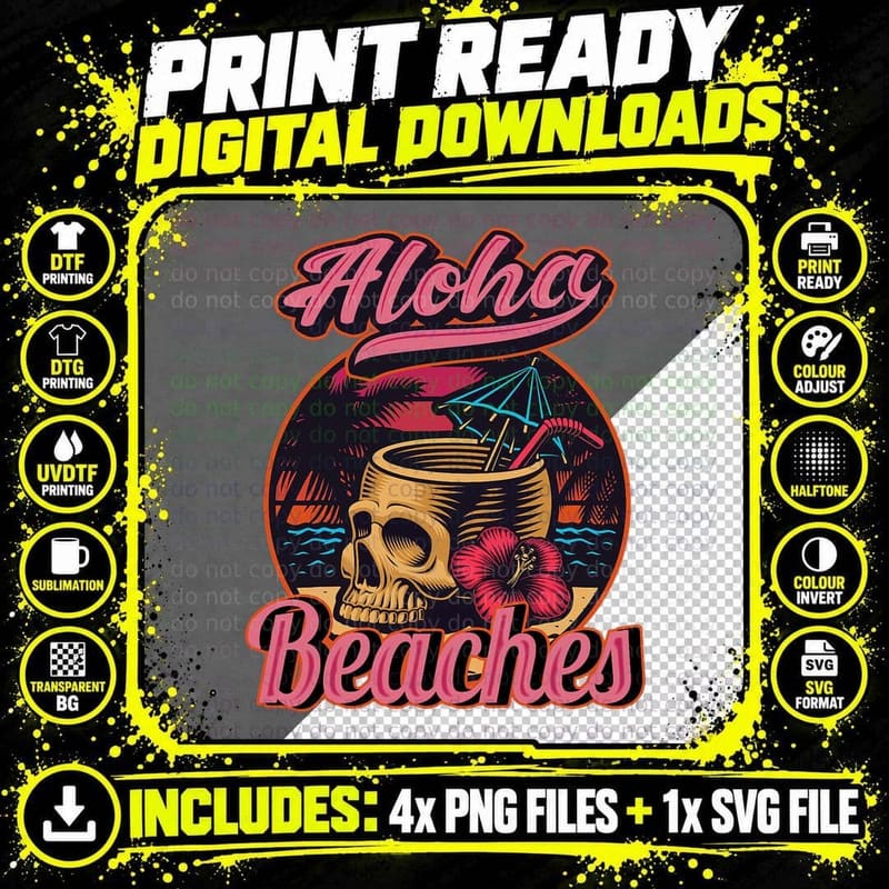 Hawaii Aloha Beaches Tropical Goth Skeleton Skull Png SVG Digital Bundle