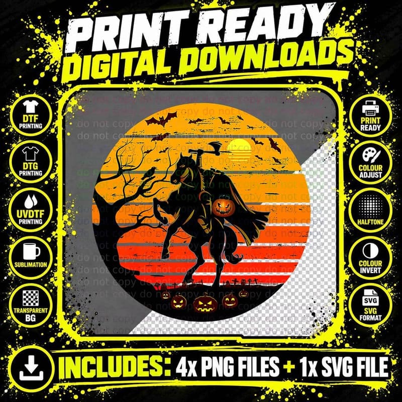 Headless Horseman Urban Legend Halloween Pumpkin T-Shirt Png SVG Digital Bundle