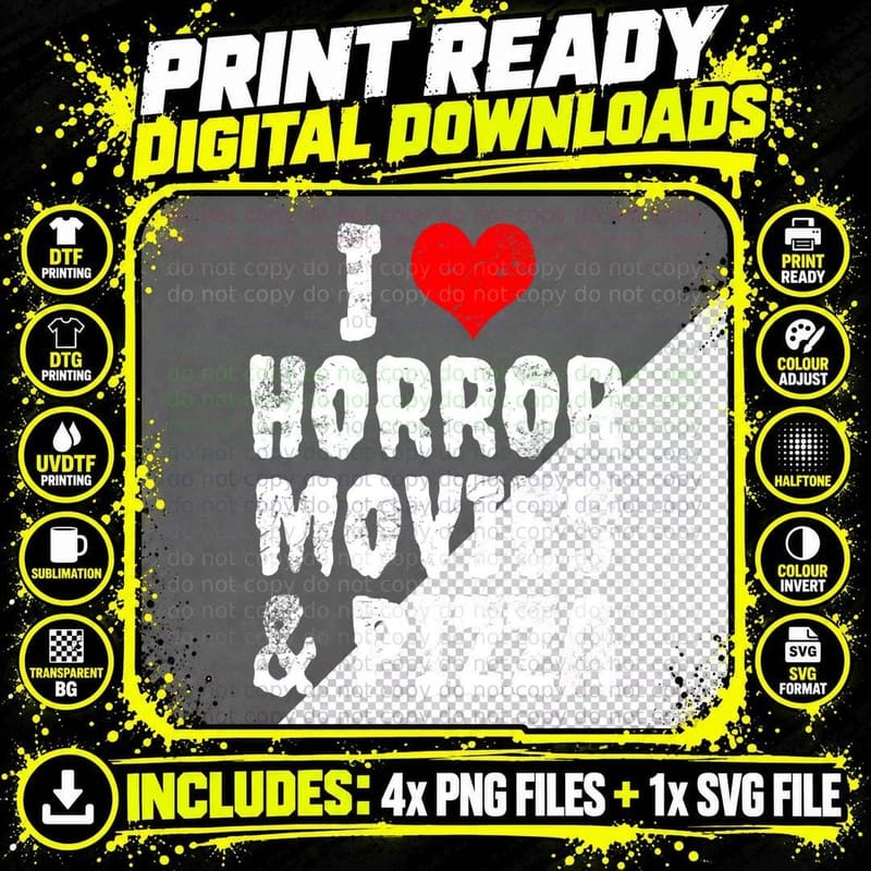 I Love Horror Movies & Pizza T-Shirt Png SVG Digital Bundle