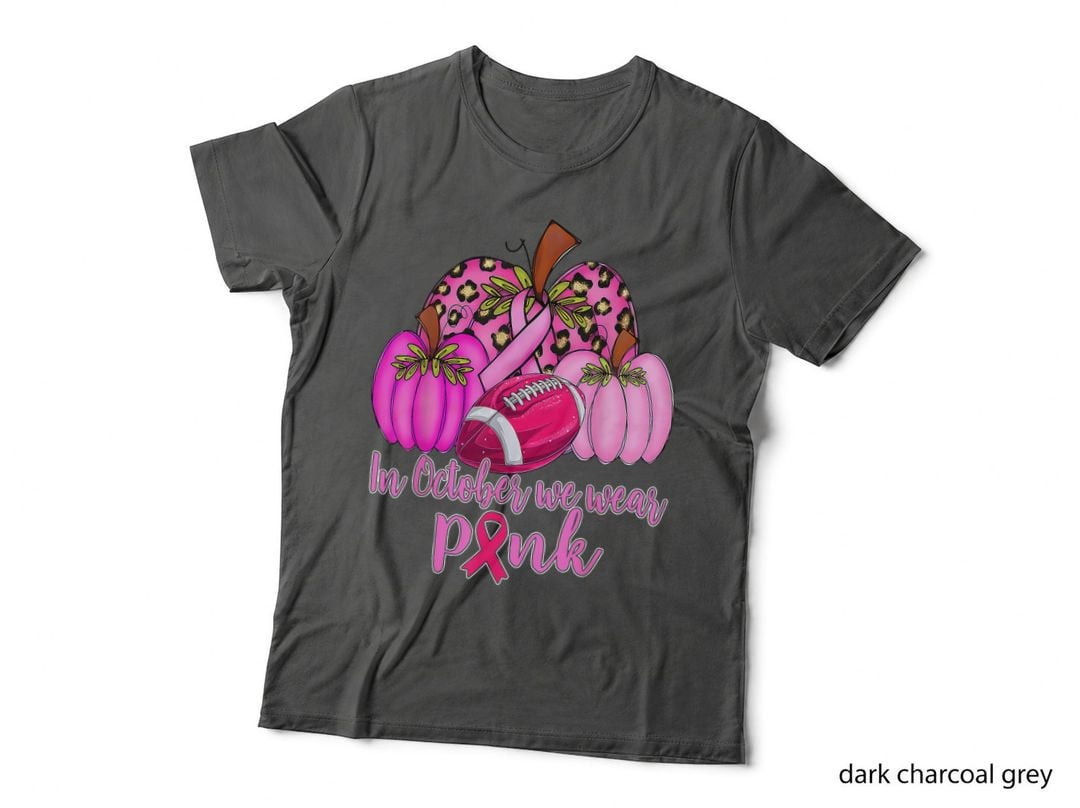 In Oct We Wear Pink Leopard Pumpkin Football Breast Cancer T-Shirt
