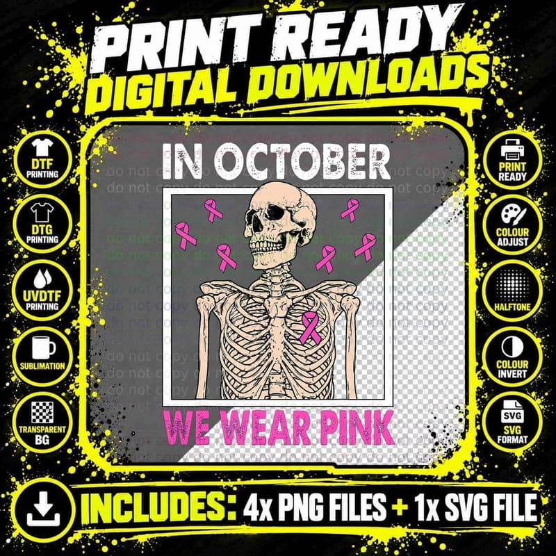In October We Wear Pink Breast Cancer Skeleton Halloween Png SVG Digital Bundle