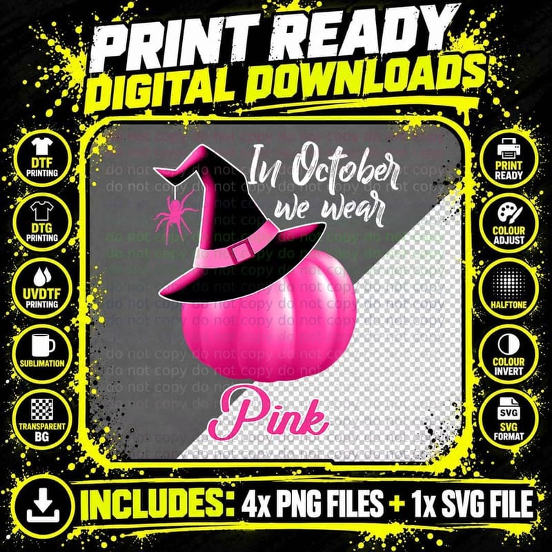 In October We Wear Pink Cute Pumpkin Breast Cancer Png SVG Digital Bundle