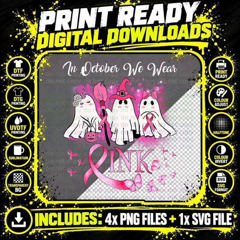 In October We Wear Pink Ghost Halloween Breast Cancer Png SVG Digital Bundle