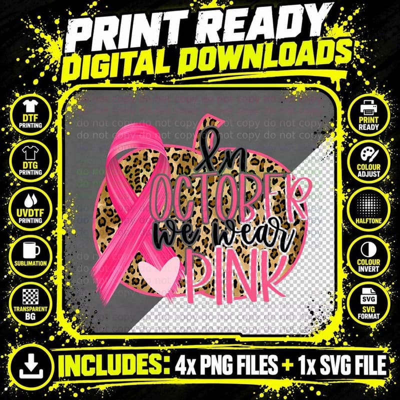 In October We Wear Pink Pumpkin Breast Cancer Halloween Png SVG Digital Bundle