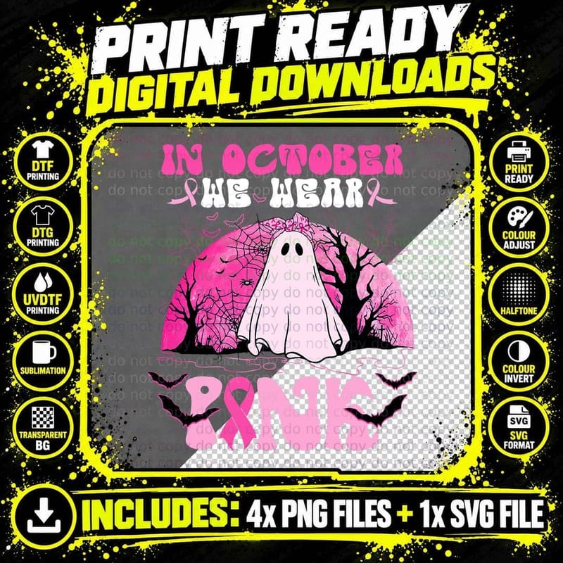 In October We Wear Pink Ribbon Halloween Breast Cancer Png SVG Digital Bundle