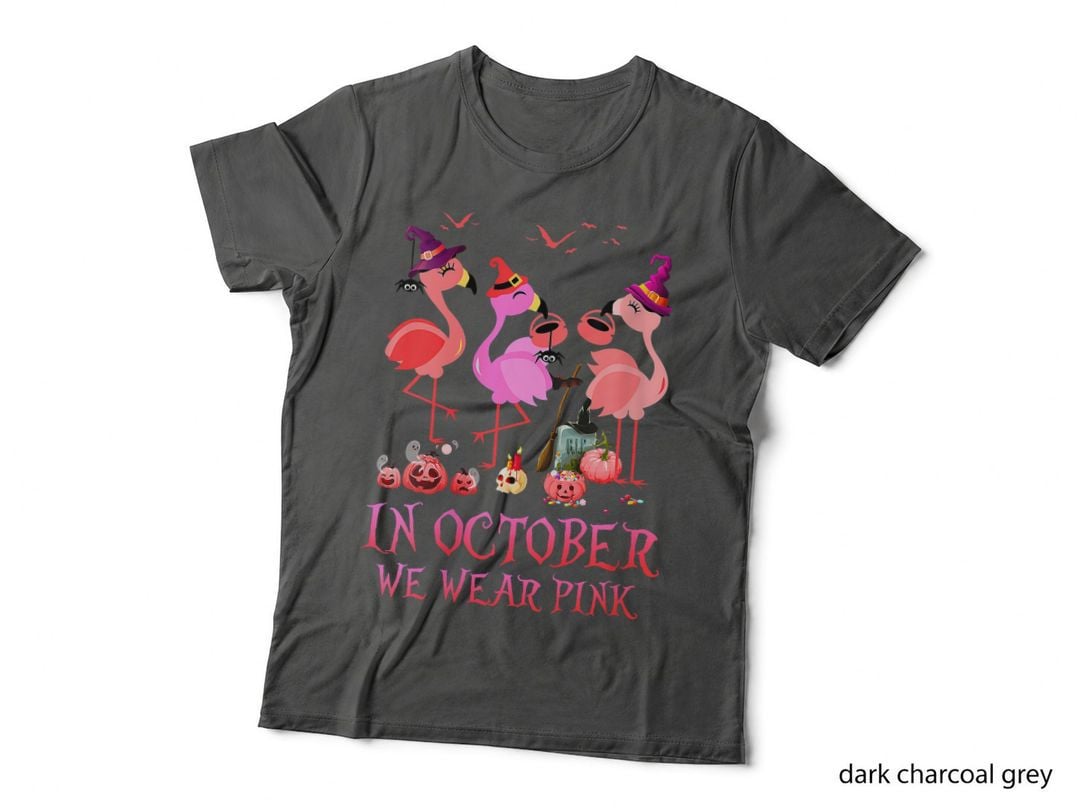 In October We Wear Pink Witch Flamingo Pumpkin, Halloween T-Shirt