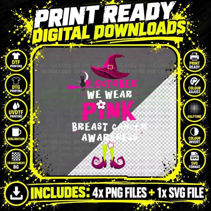 In October We Wear Pink Witch with Hat Breast Cancer Png SVG Digital Bundle
