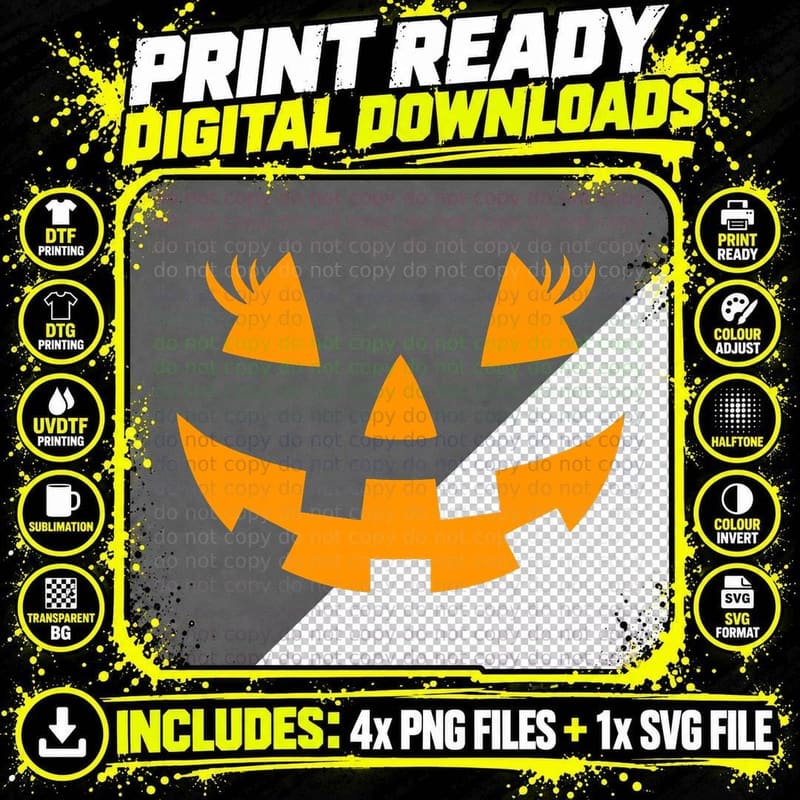 Jack O' Lantern Pumpkin Face Eyelashes Halloween Costume Png SVG Digital Bundle