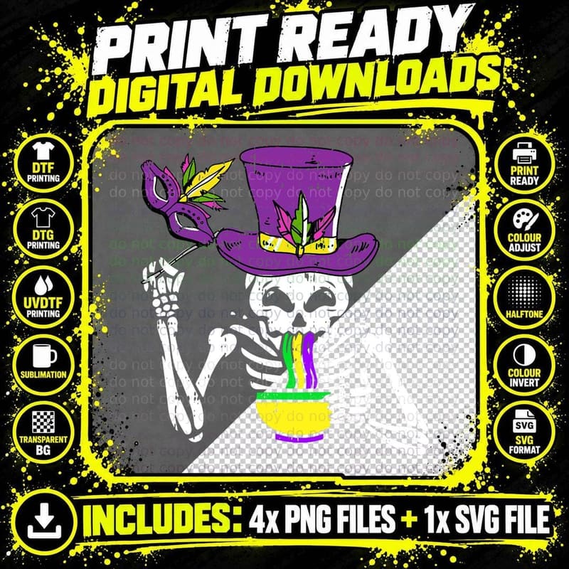 Jester Skeleton Eating Ramen Mardi Gras Mask Carnival Png SVG Digital Bundle