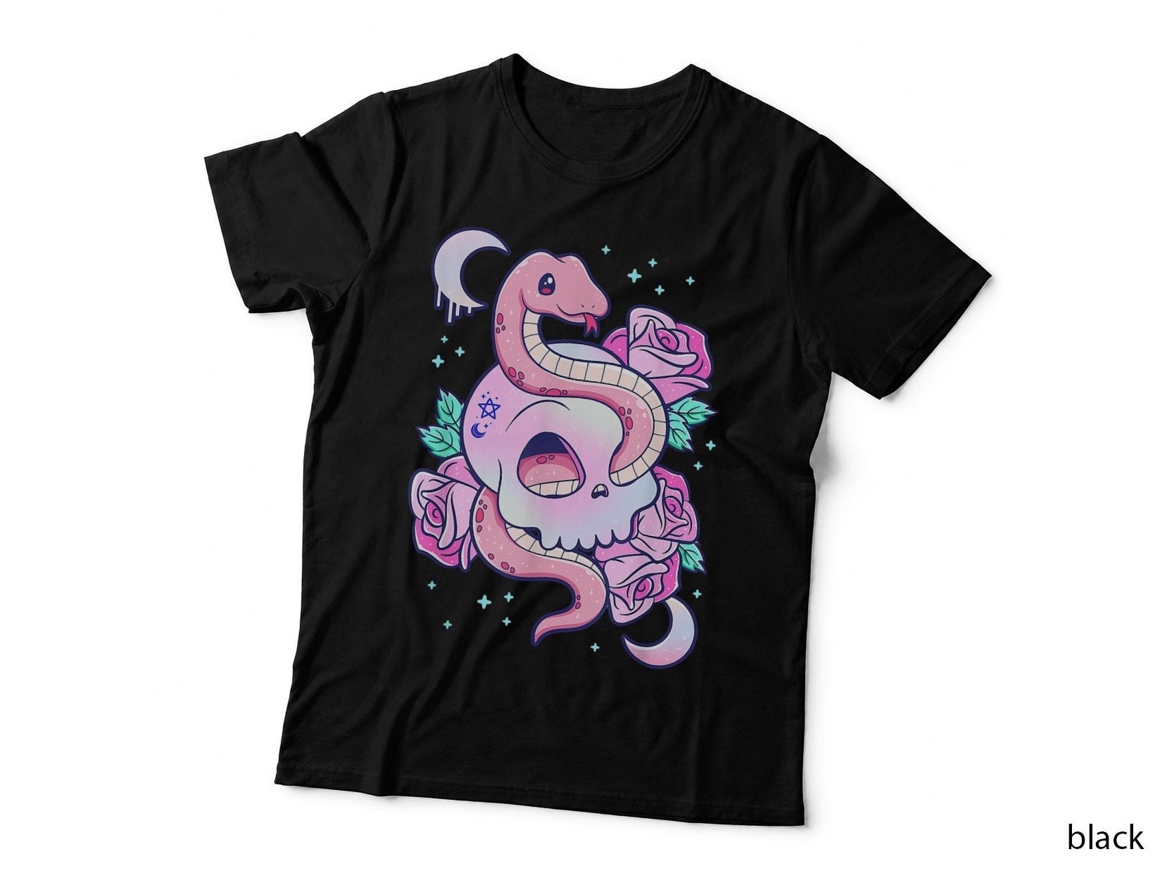 Kawaii Pastel Goth Cute Creepy Skull Serpent Snake Roses T-Shirt