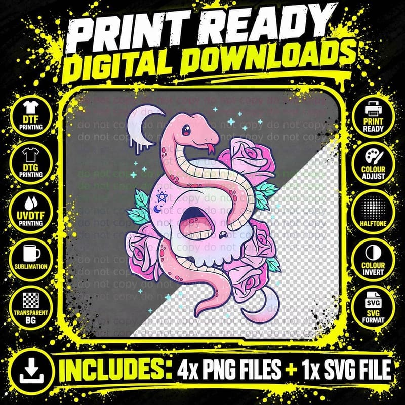 Kawaii Pastel Goth Cute Creepy Skull Serpent Snake Roses Png SVG Digital Bundle