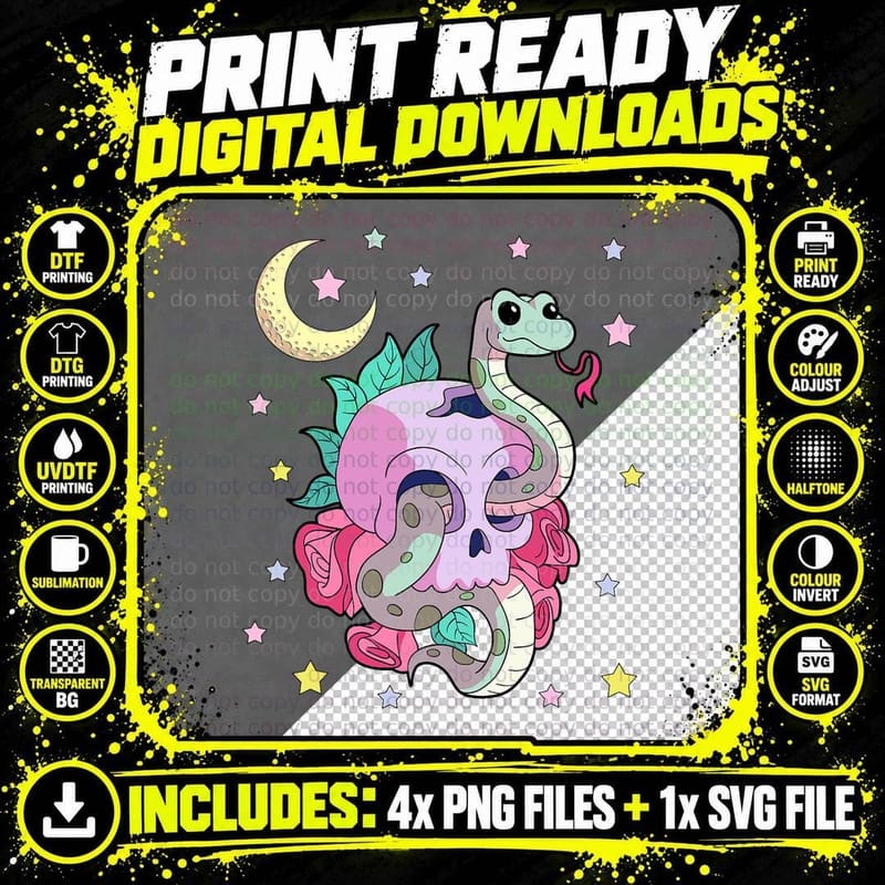 Kawaii Pastel Goth Witchy Skull with Cute Creepy Snake Png SVG Digital Bundle
