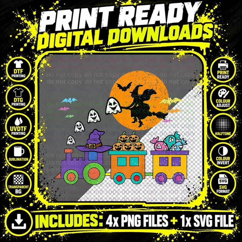 Kids Halloween Train Witch Ghost Pumpkin T-Shirt Png SVG Digital Bundle