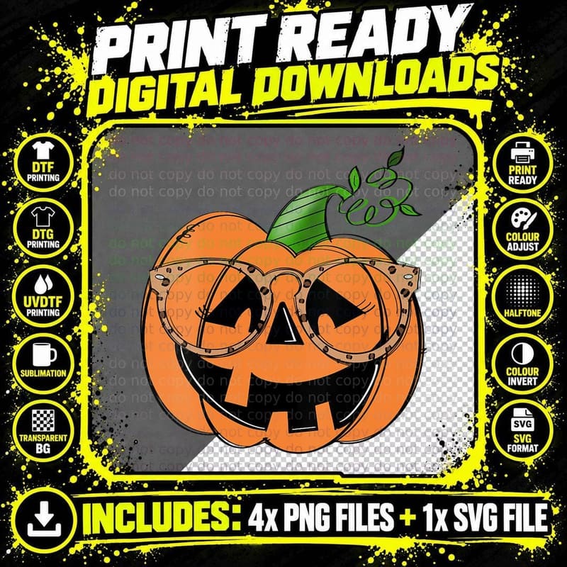 Laughing Pumpkin Wearing Glasses Funny Halloween Vibes Png SVG Digital Bundle