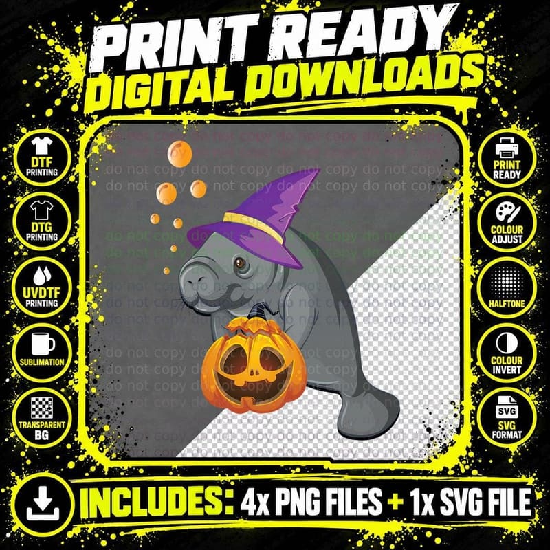 Lazy Halloween Costume Manatee Pumpkin Sea Cow Witch Hat Png SVG Digital Bundle