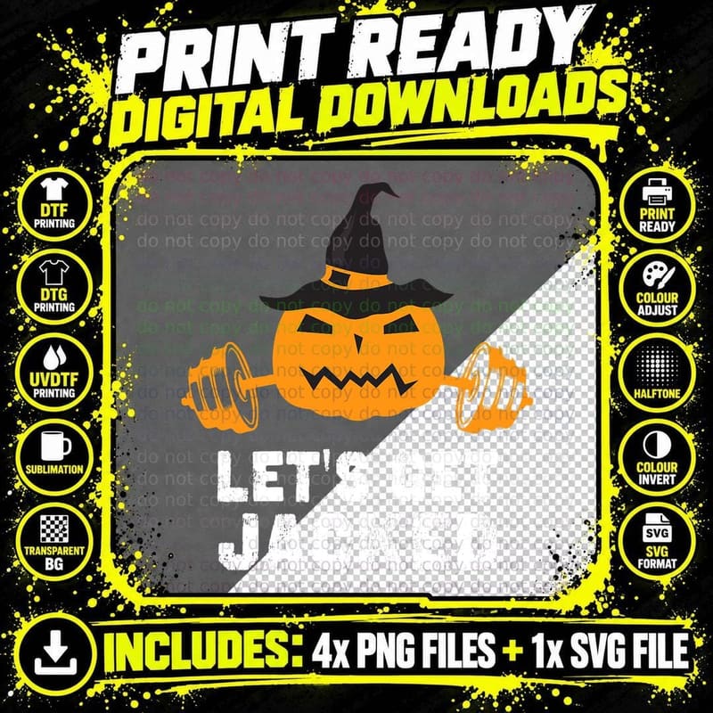 Let's Get Jacked Gym Weightlifting Halloween Pumpkin Png SVG Digital Bundle