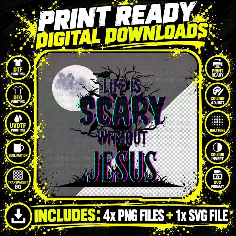 Life Is Scary Without Jesus Christian Cross Moon Png SVG Digital Bundle