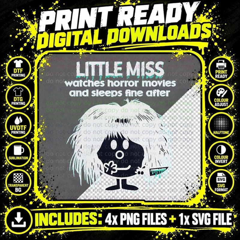 Little Miss Watches Horror Movies T-Shirt Png SVG Digital Bundle