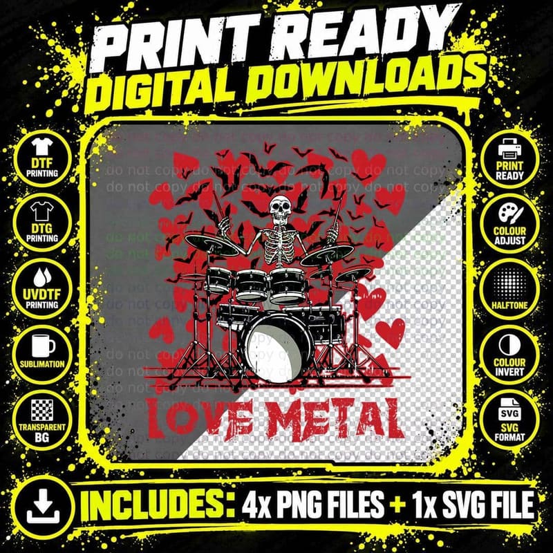 Love Metal Skeleton Drummer Valentines Day Rock N Roll Png SVG Digital Bundle