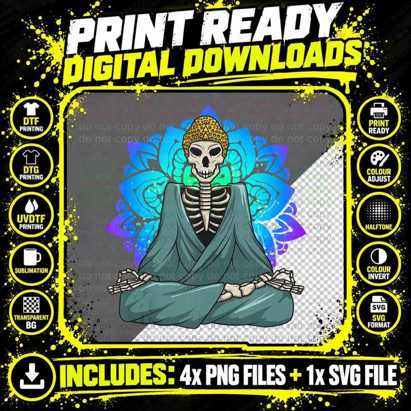 Meditating Skeleton - Funny Freaky Yoga Halloween Gift Png SVG Digital Bundle