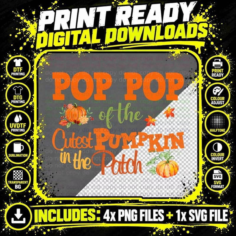Mens Pop Pop of the Cutest Pumpkin in the Patch Fall Png SVG Digital Bundle